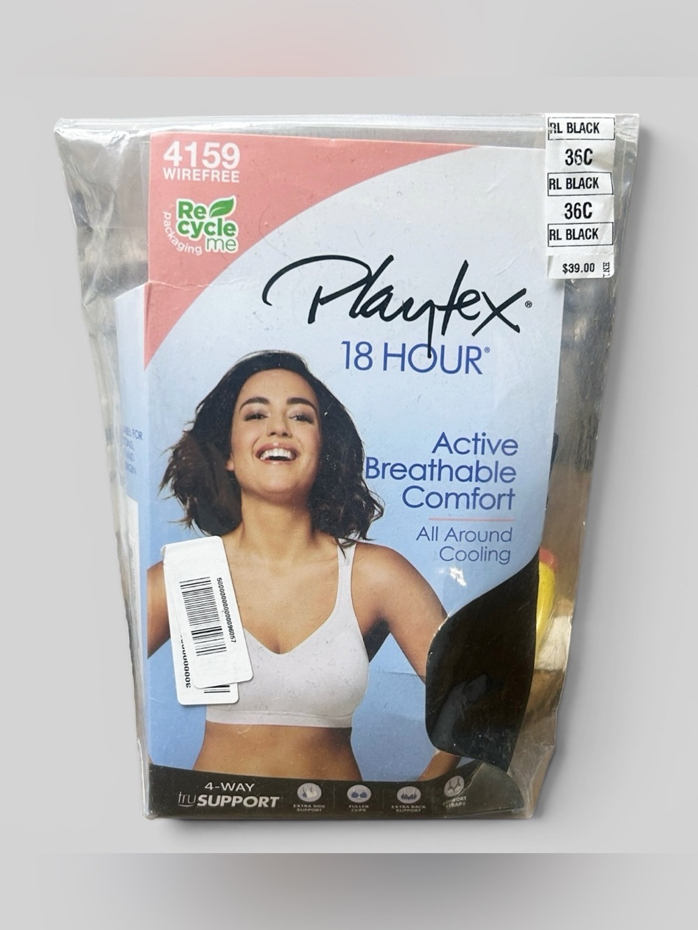 Playtex 18 Hour Active Breathable Comfort Wirefree Bra Size 36C Black New